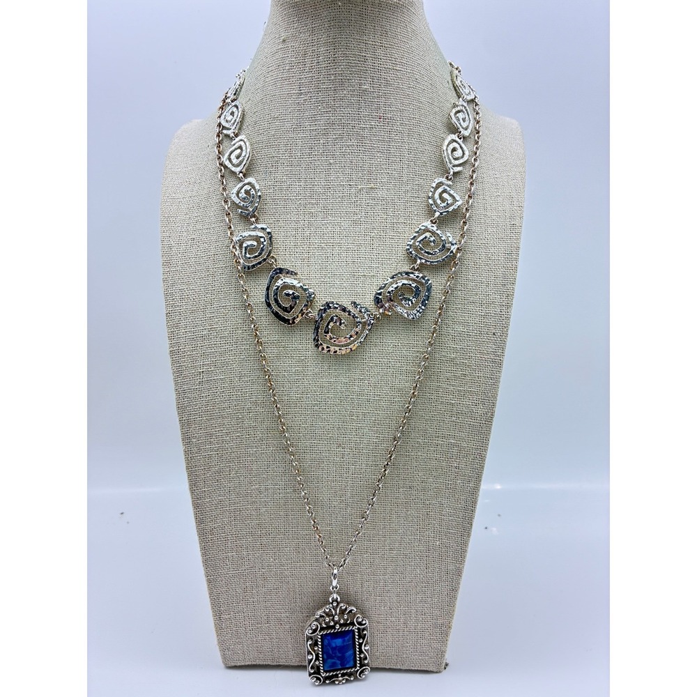 Statement Necklace Lot of 2 Silver Tone Hammered Swirl Link and Blue Pendant